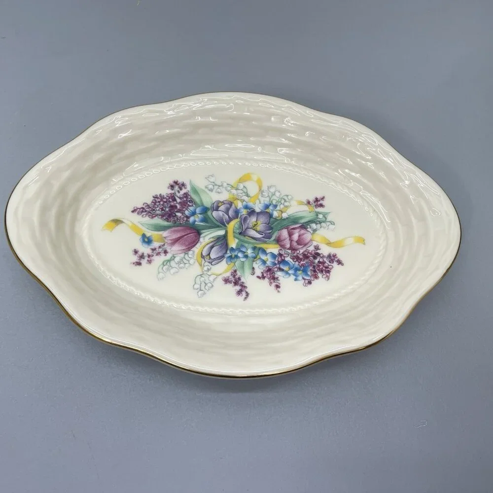 Vintage Lenox‎ Floral Basket Weave Dish Tray Candy Trinket Porcelain Gold Trim